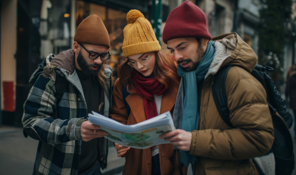 Friends participating in a whimsical scavenger hunt