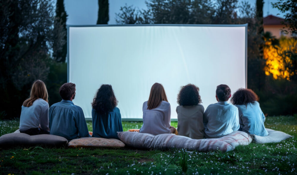 group of people sitting outdoors watching movie