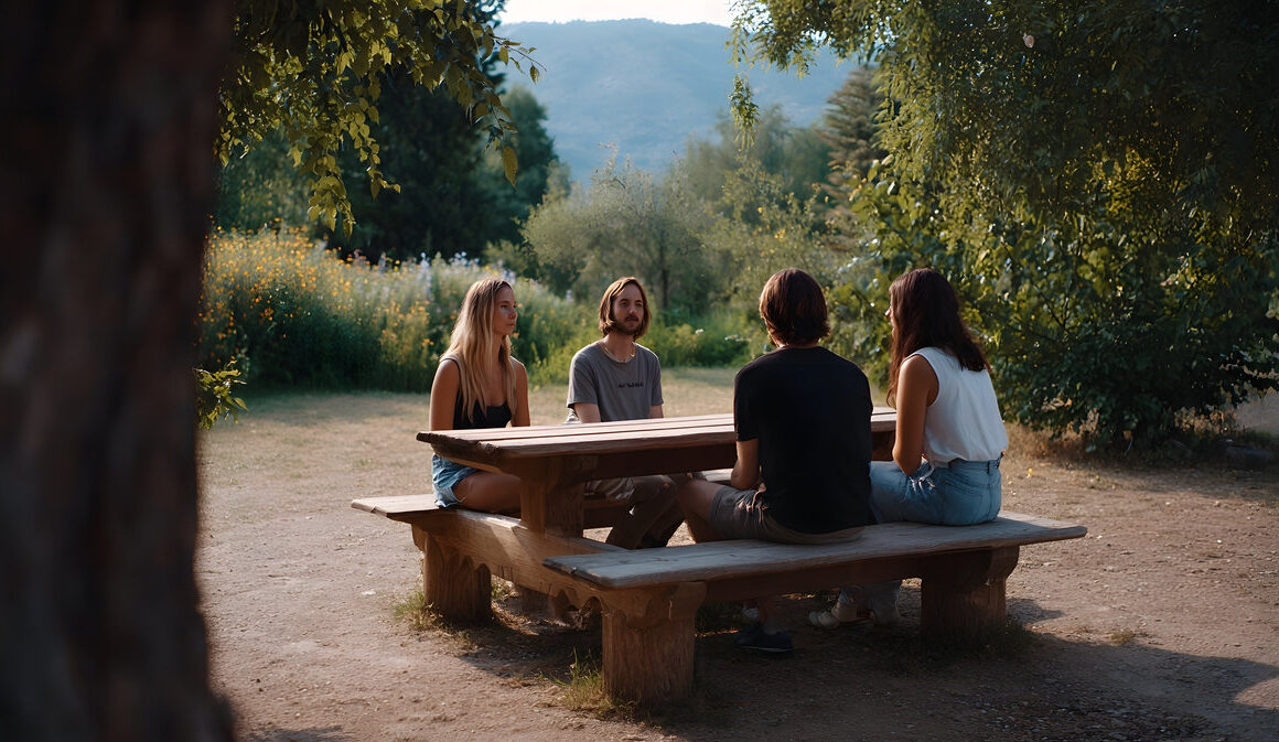 Four friends gathered around a picnic table in a scenic natural landscape
